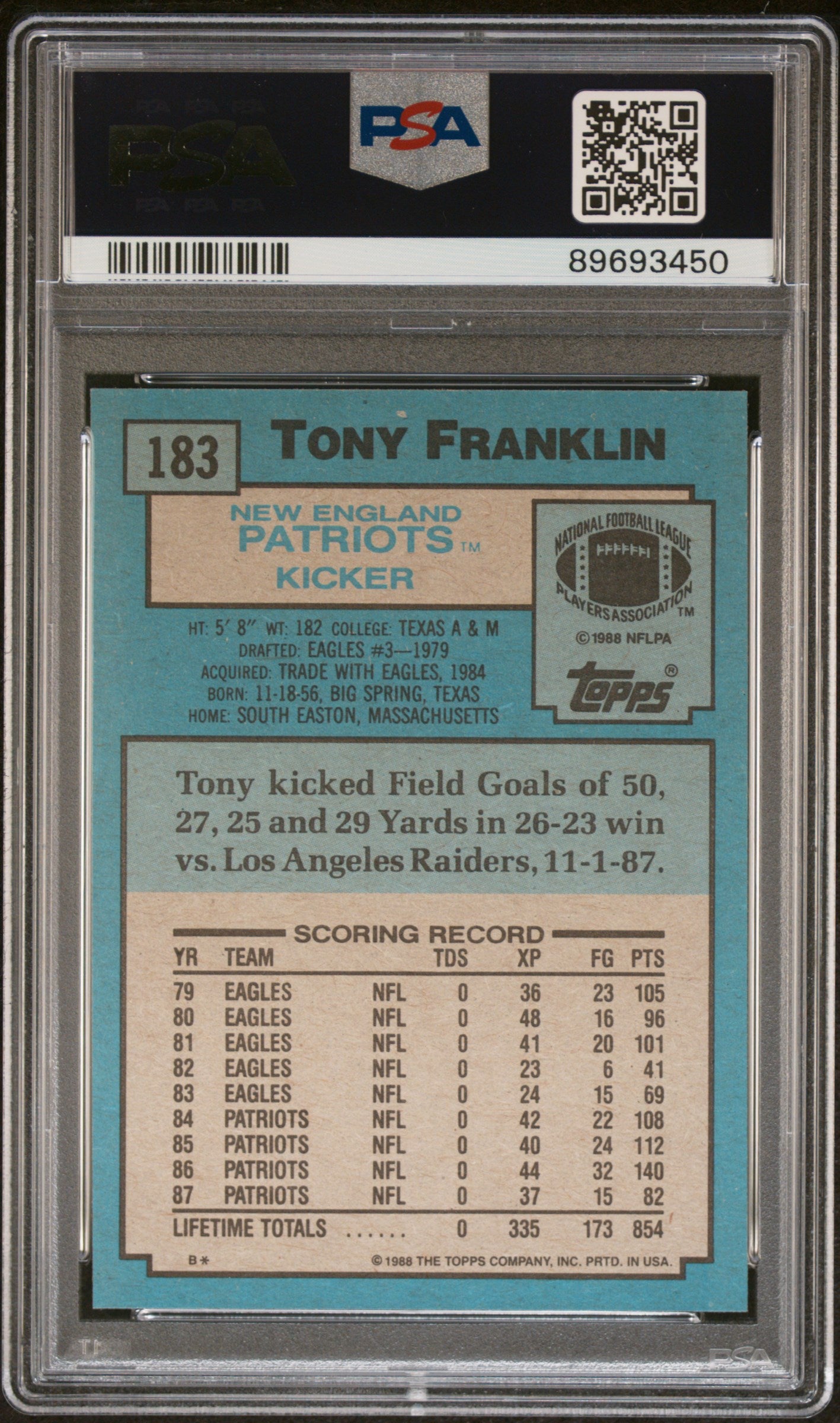 1988 Topps Tony Franklin #183 PSA 8