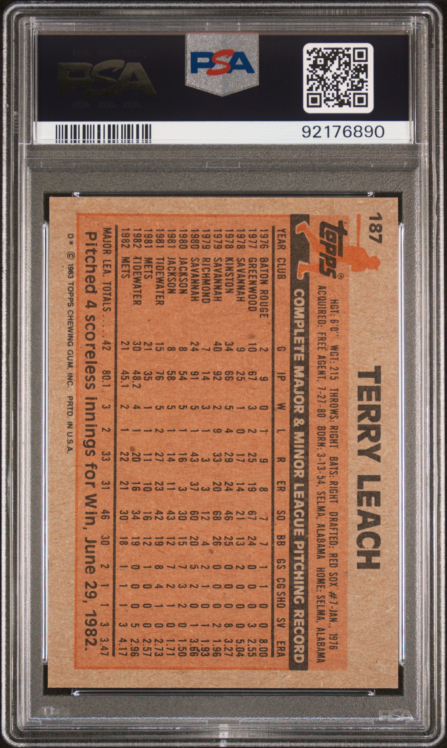 1983 Topps Terry Leach #187 PSA 8