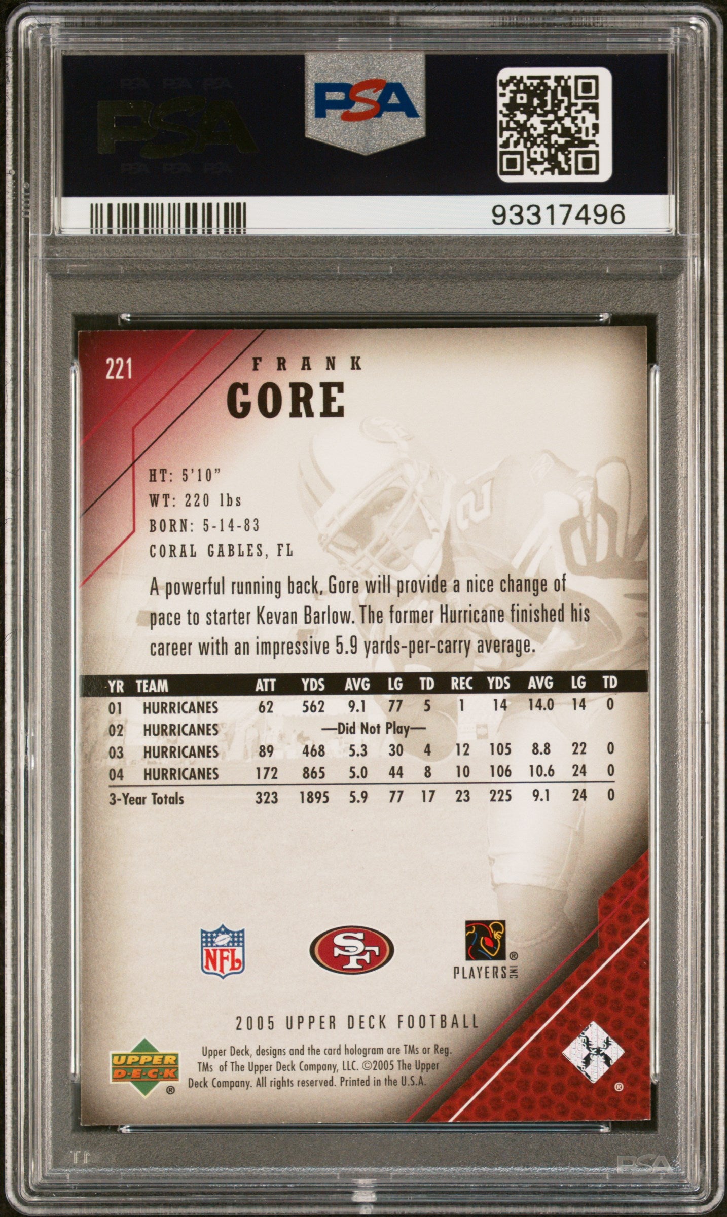 2005 Upper Deck Frank Gore #221 PSA 9