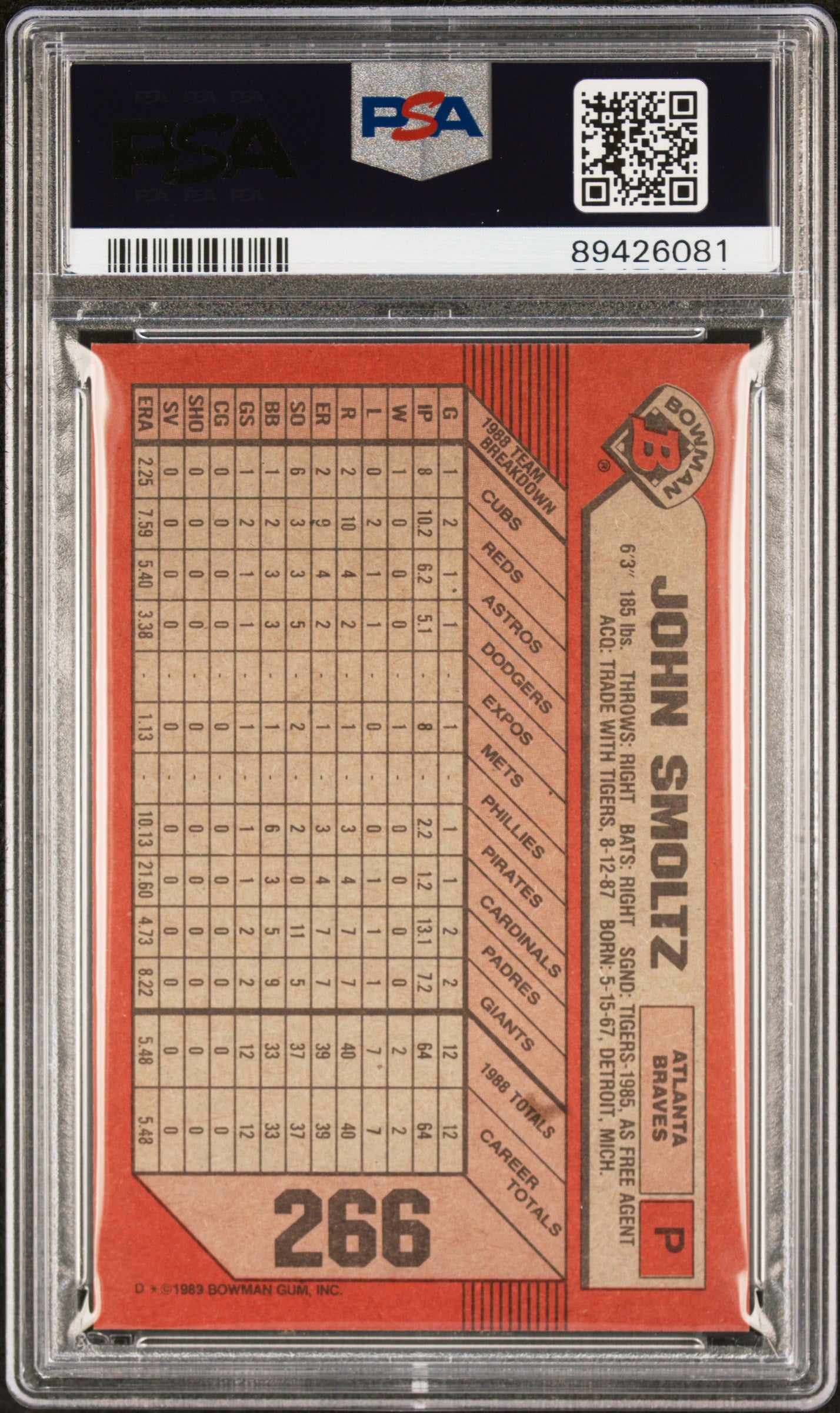 1989 Bowman John Smoltz #266 PSA 9