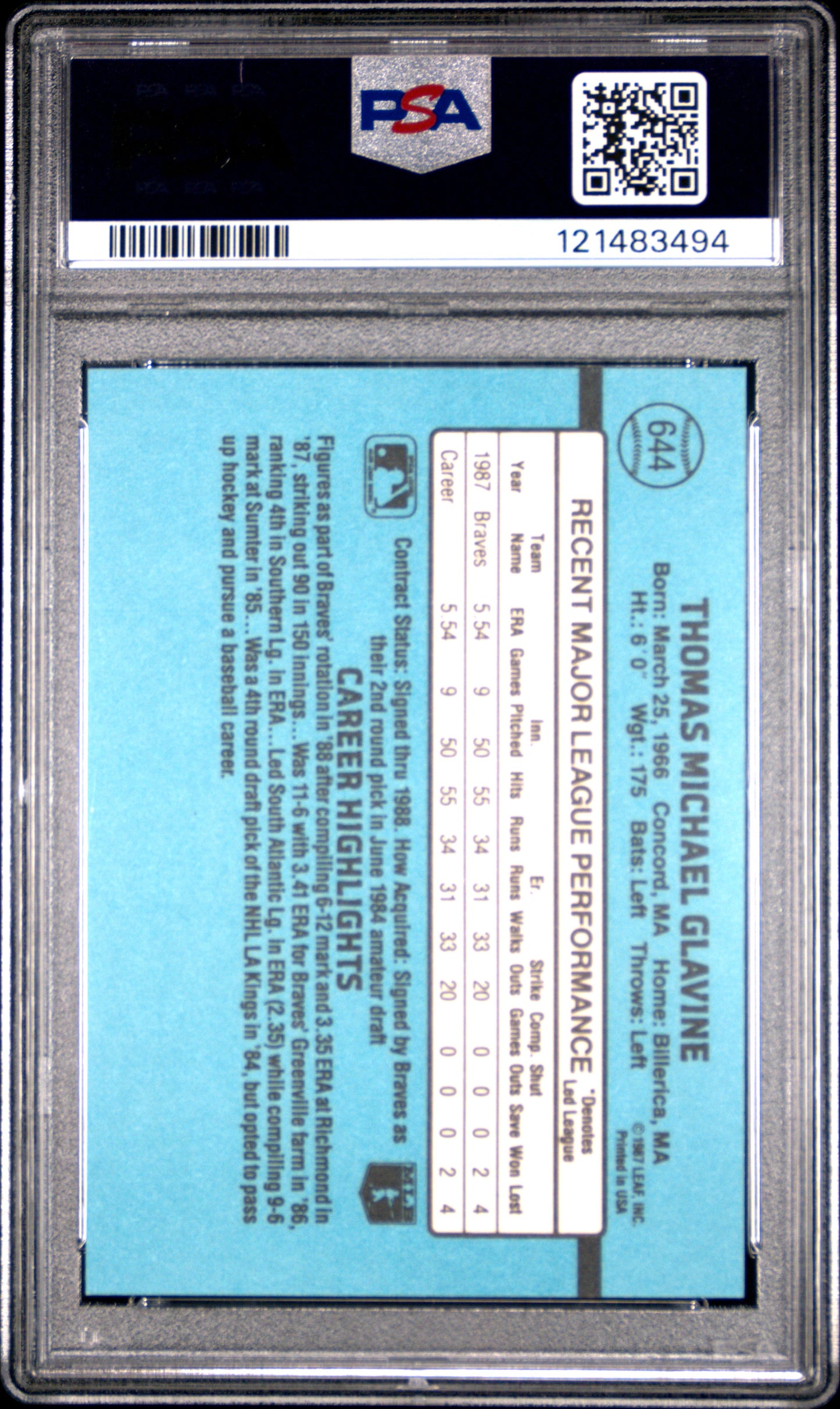 1988 Donruss Tom Glavine #644 PSA 4