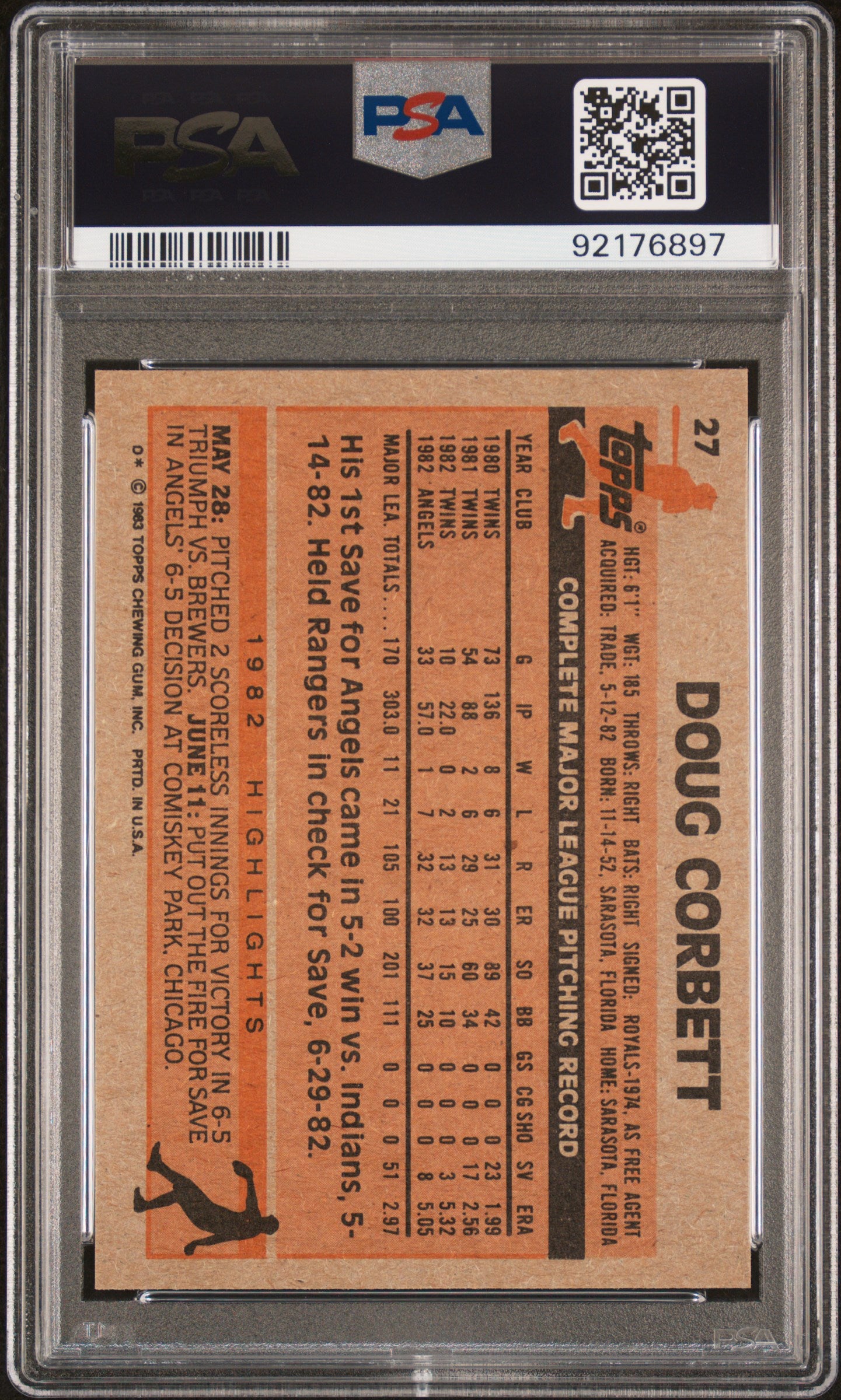 1983 Topps Doug Corbett #27 PSA 8