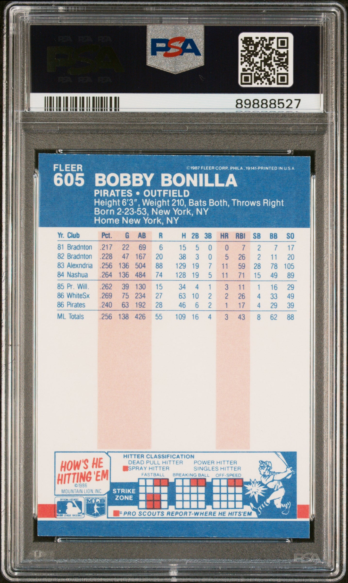 1987 Fleer Glossy Bobby Bonilla #605 PSA 9
