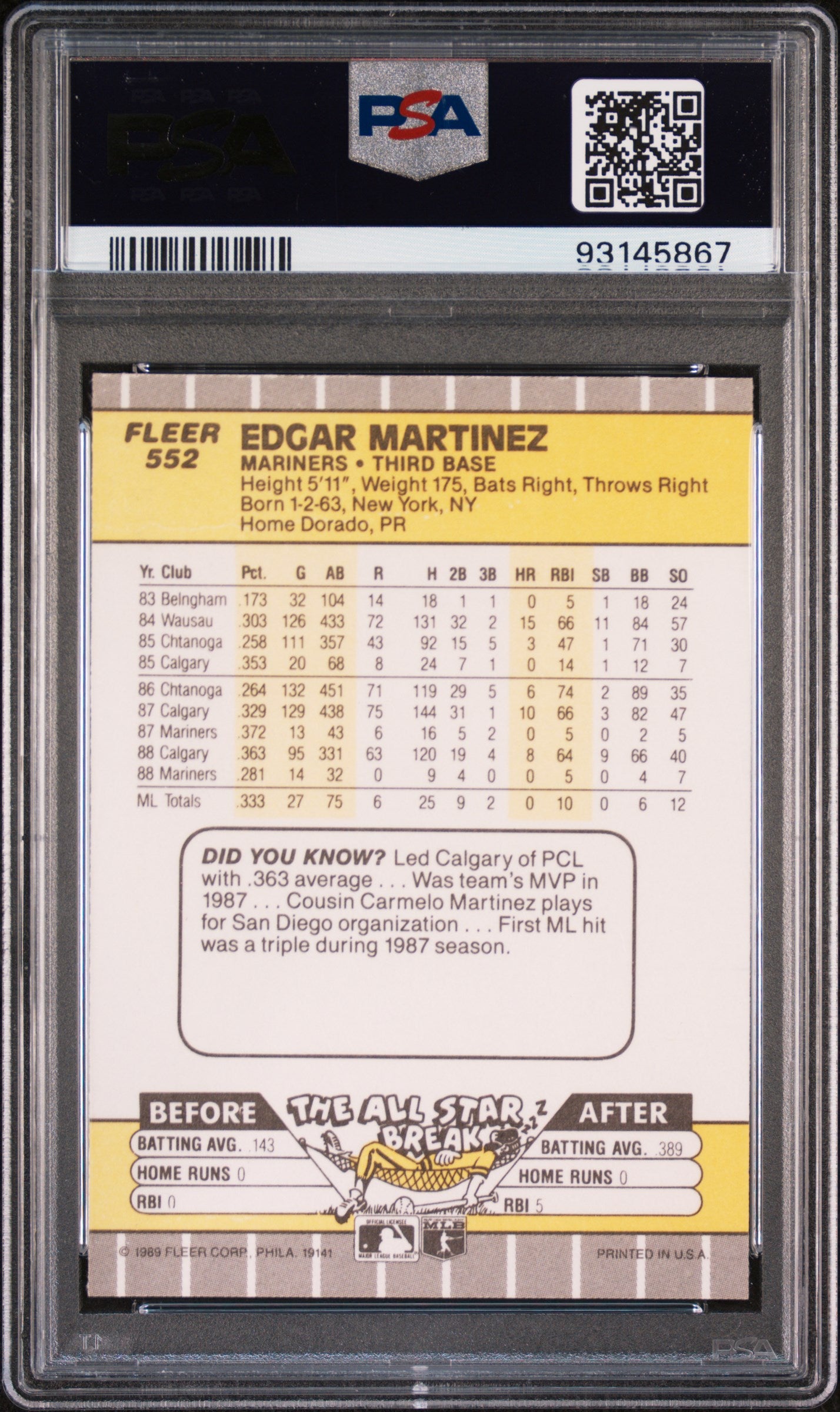 1989 Fleer Edgar Martinez #552 PSA 9