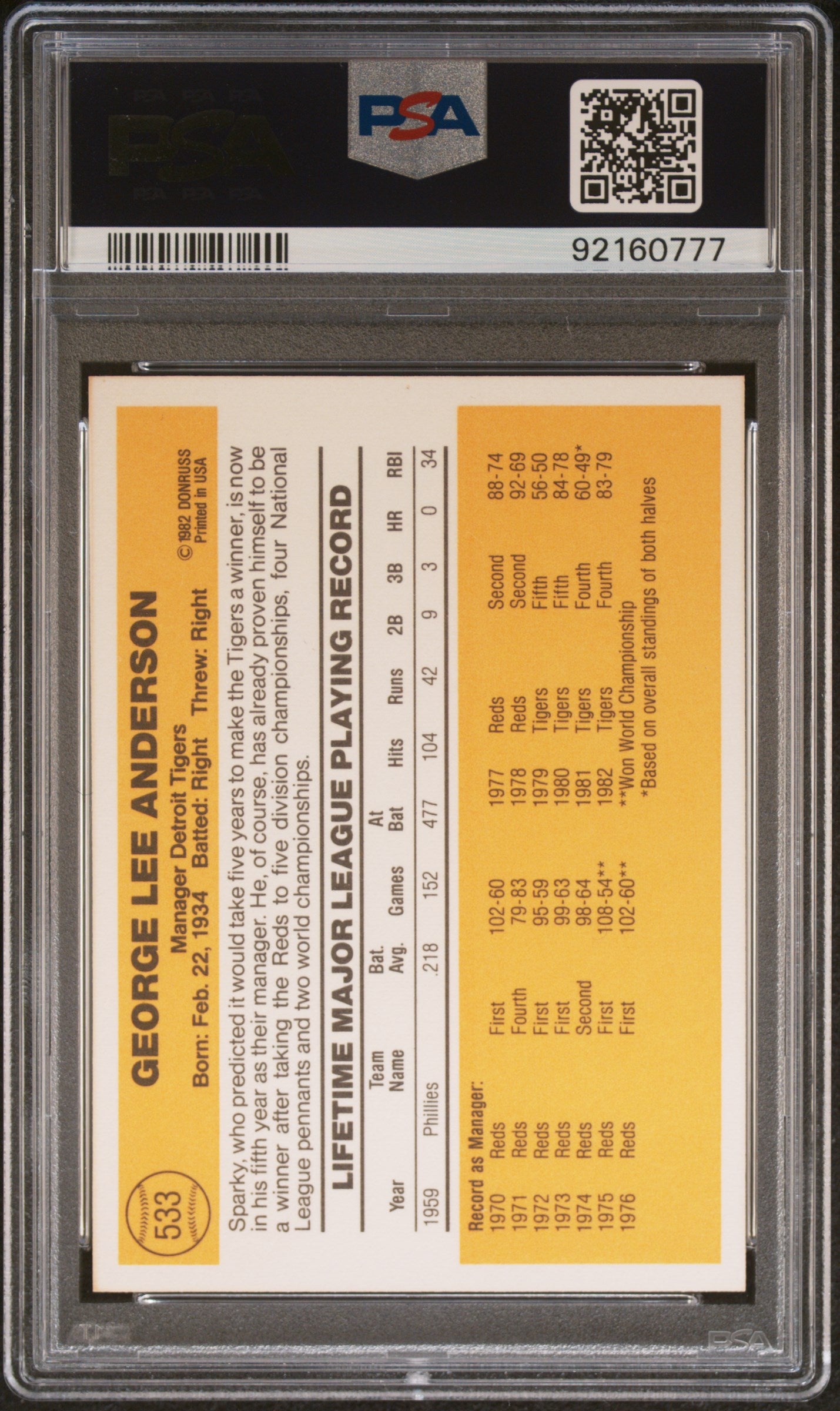 1983 Donruss Sparky Anderson #533 Bio Print Black Yellow PSA 9