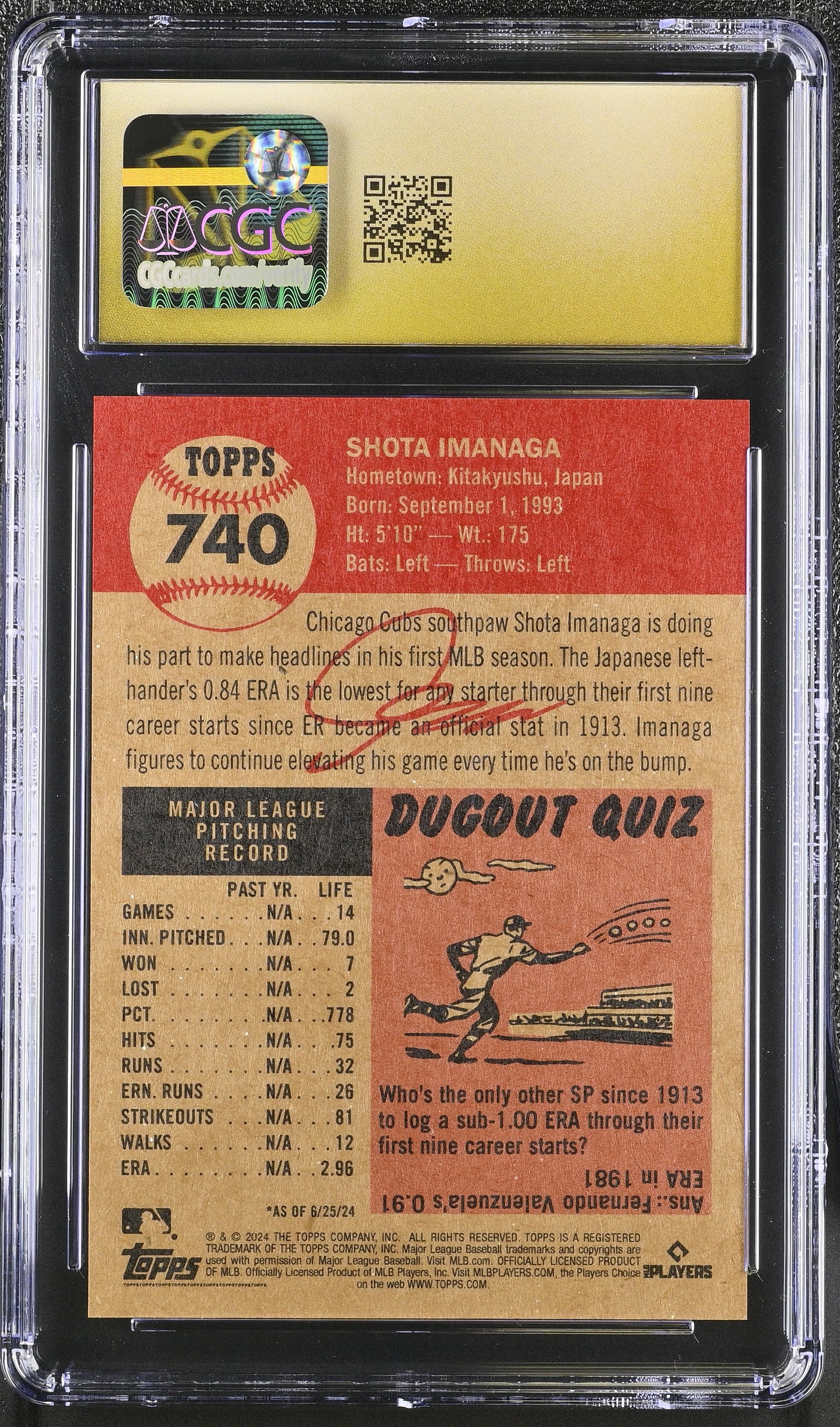 2024 Topps Living Set Shota Imanaga #740 CGC 10 Pristine Black Label