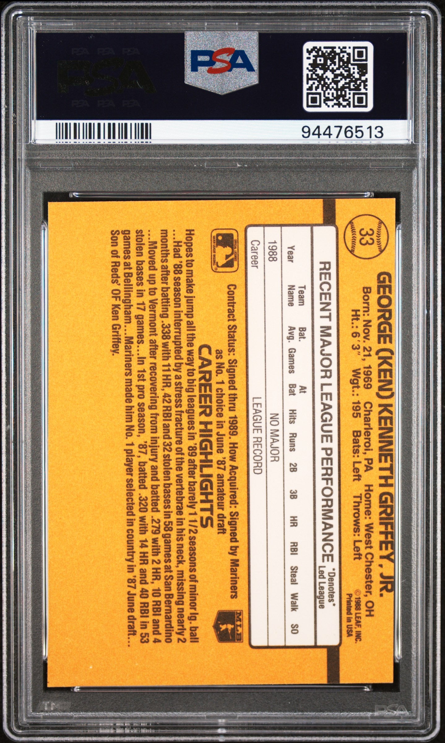 1989 Donruss Ken Griffey JR. #33 MC PSA 6