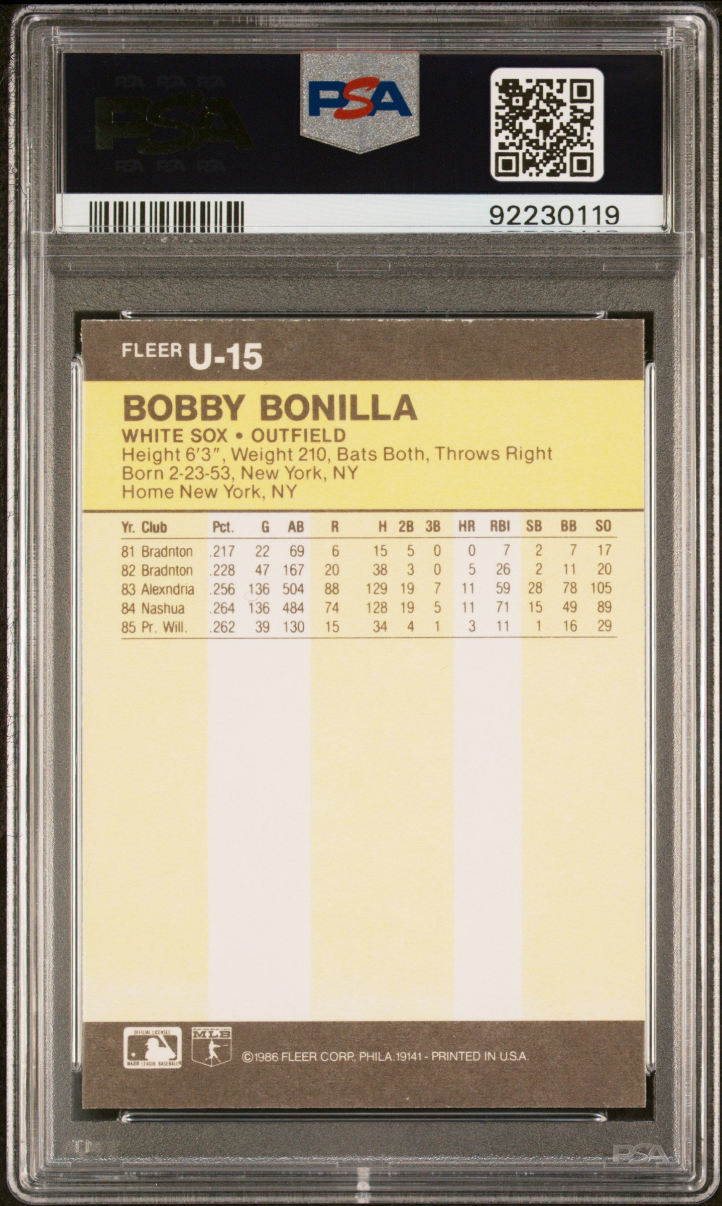 1986 Fleer Update Bobby Bonilla #U-15 PSA 9
