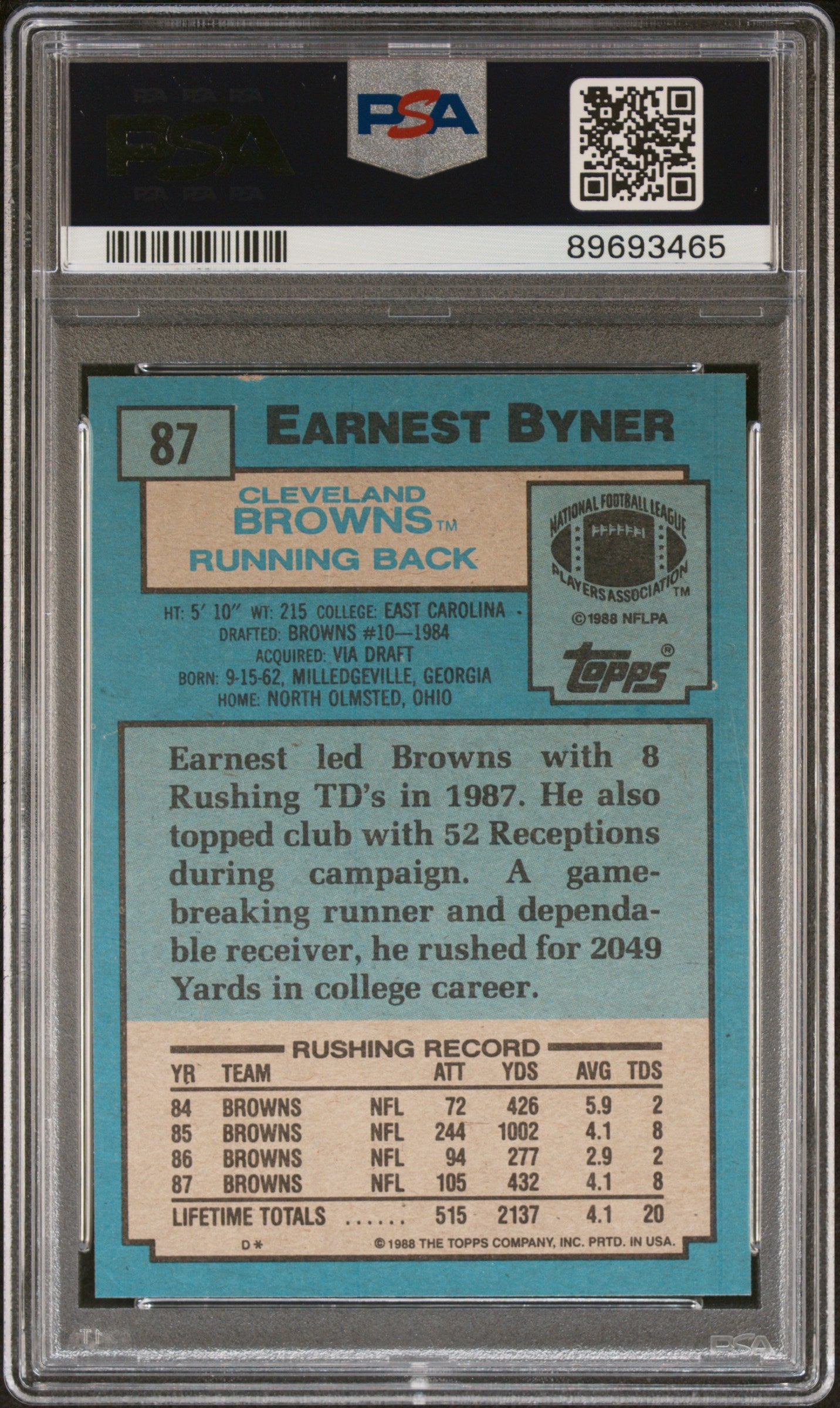 1988 Topps Earnest Byner #87 PSA 8