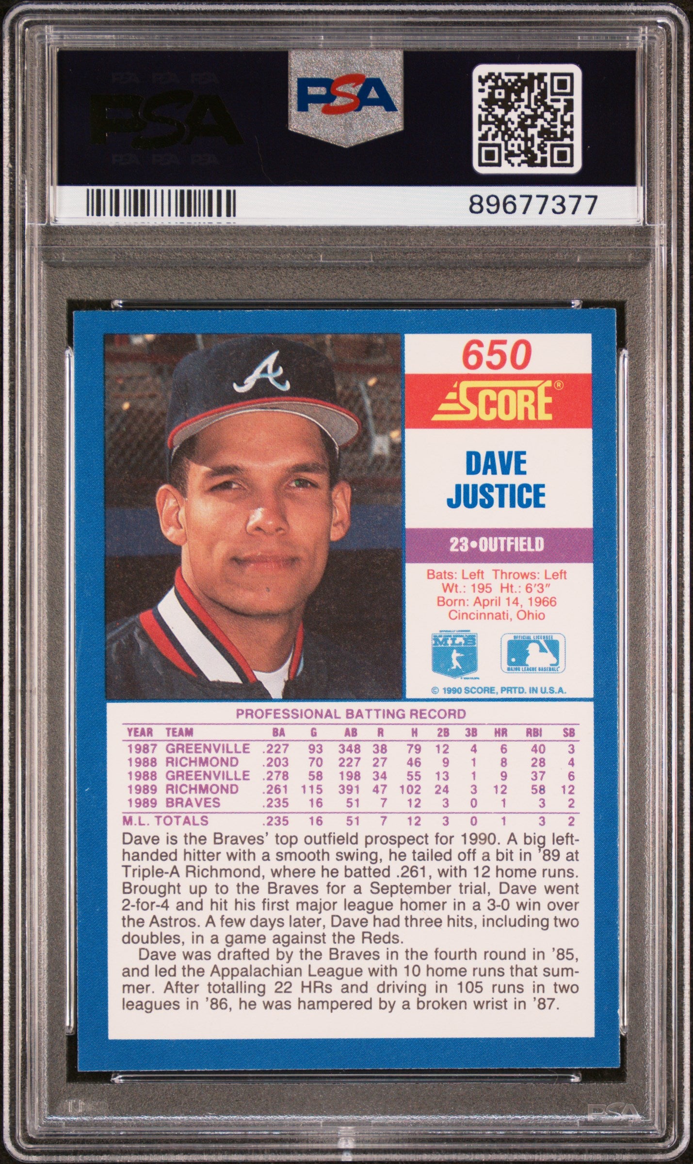 1990 Score Dave Justice #650 PSA 9
