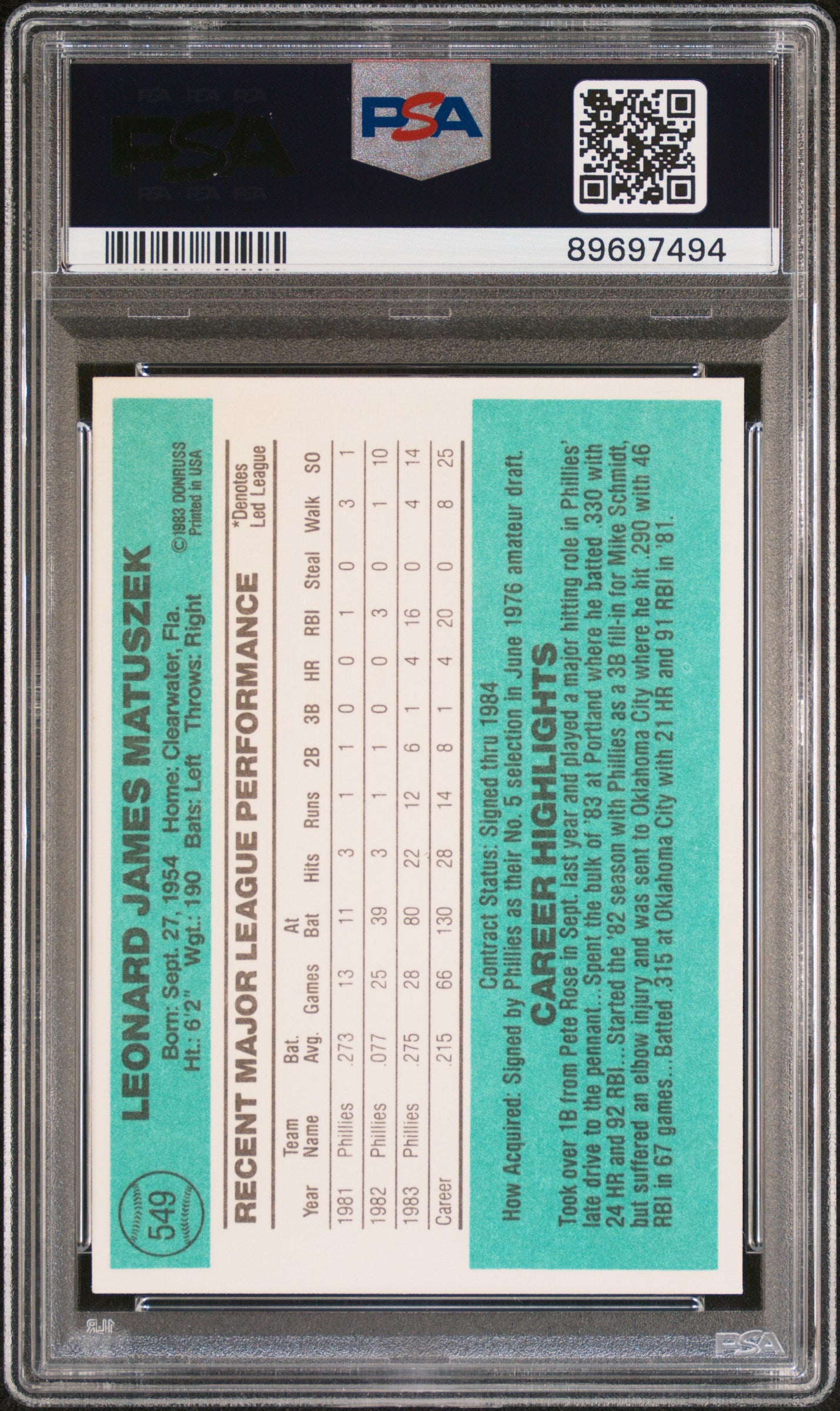 1984 Donruss Len Matuszek #549 PSA 9