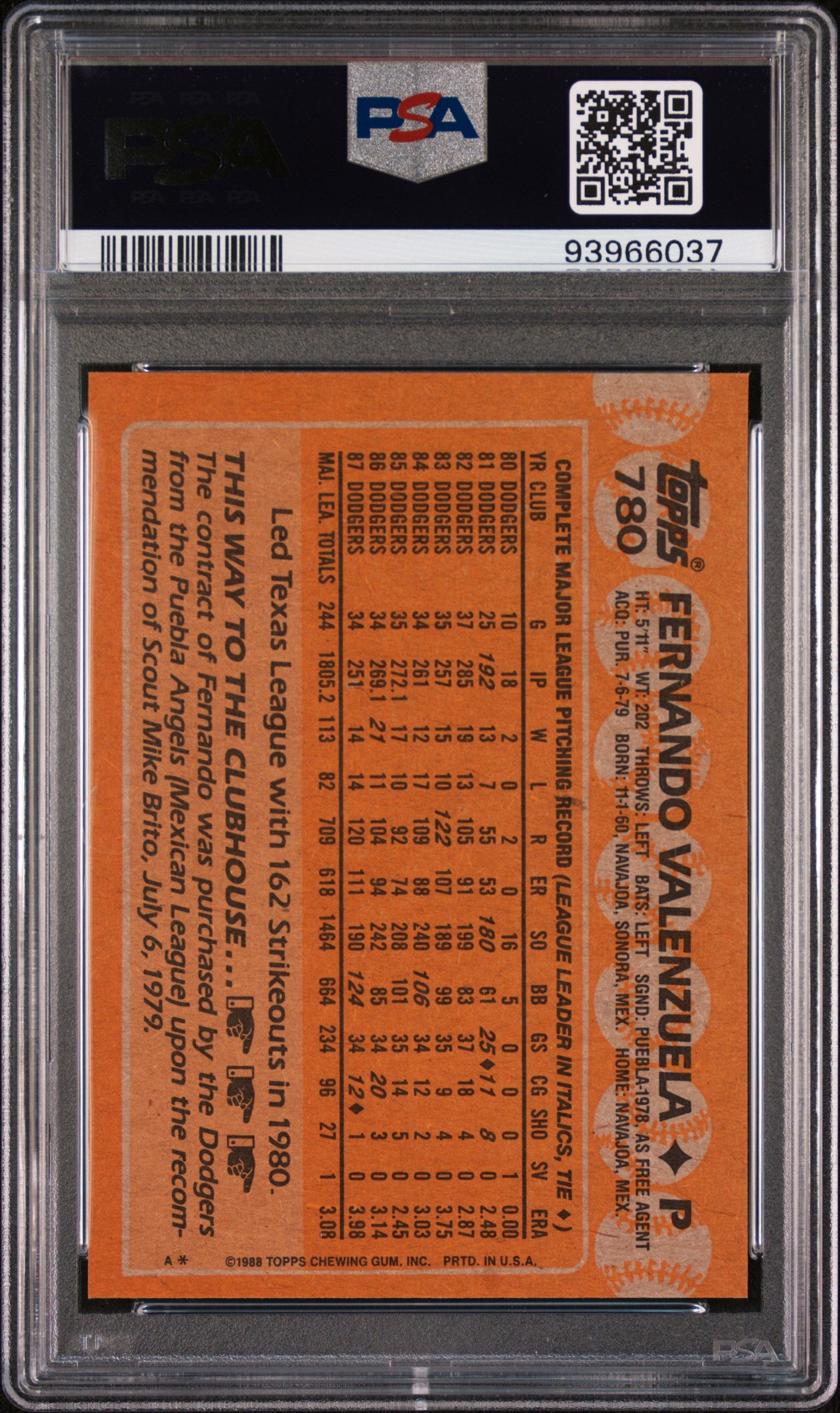 1988 Topps Fernando Valenzuela #780 PSA 9