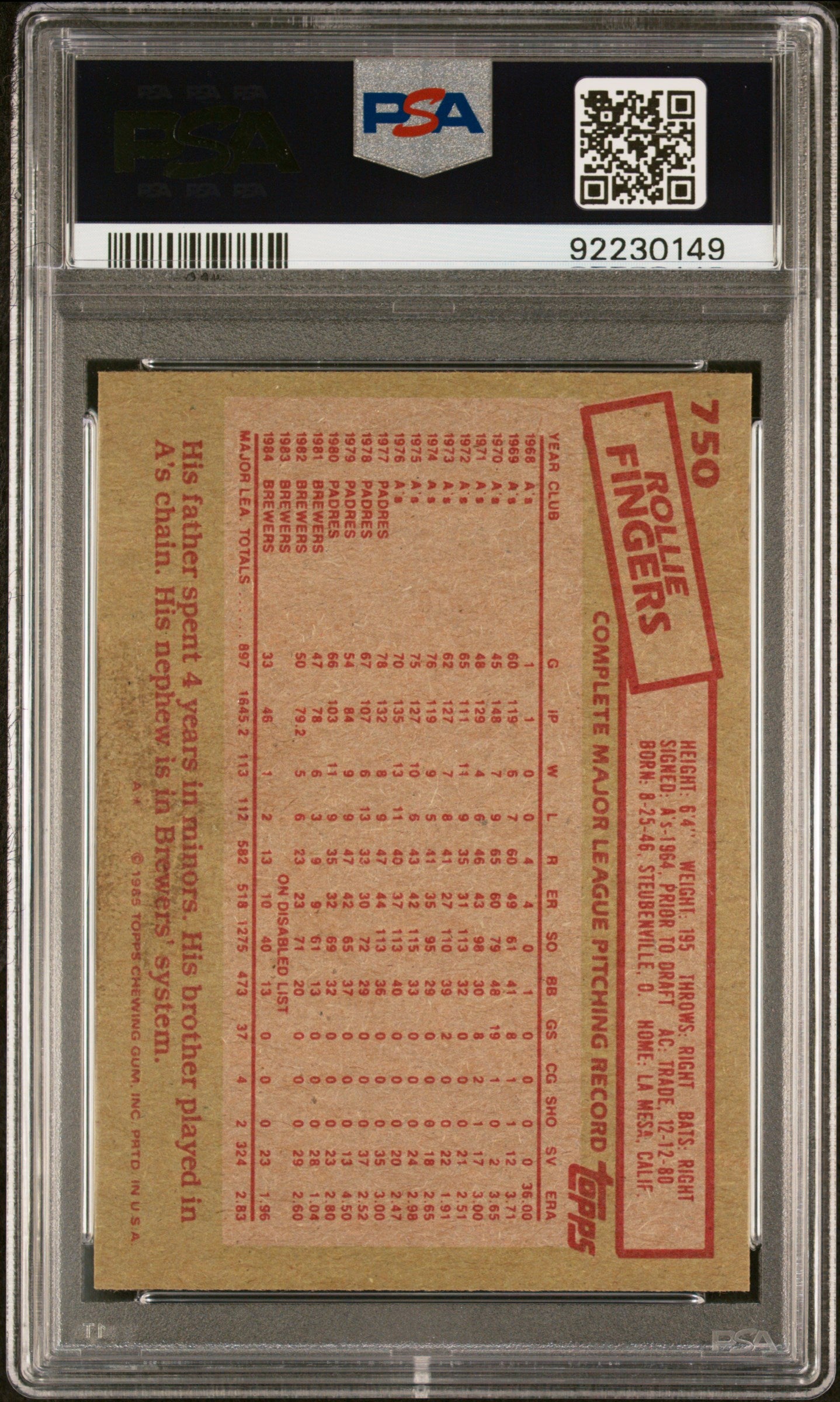 1985 Topps Rollie Fingers #750 PSA 8