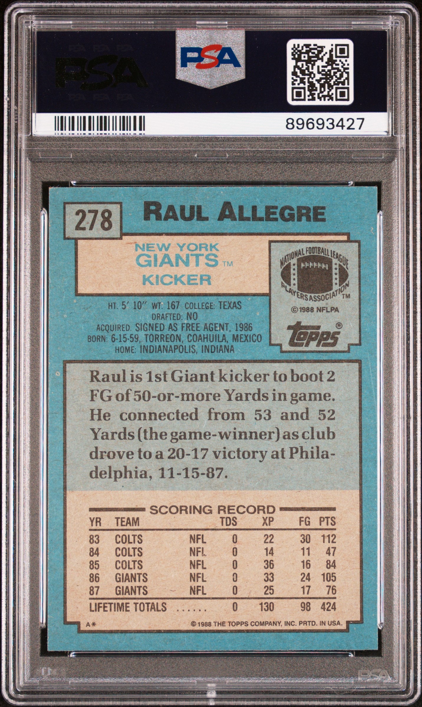 1988 Topps Raul Allegre #278 PSA 9