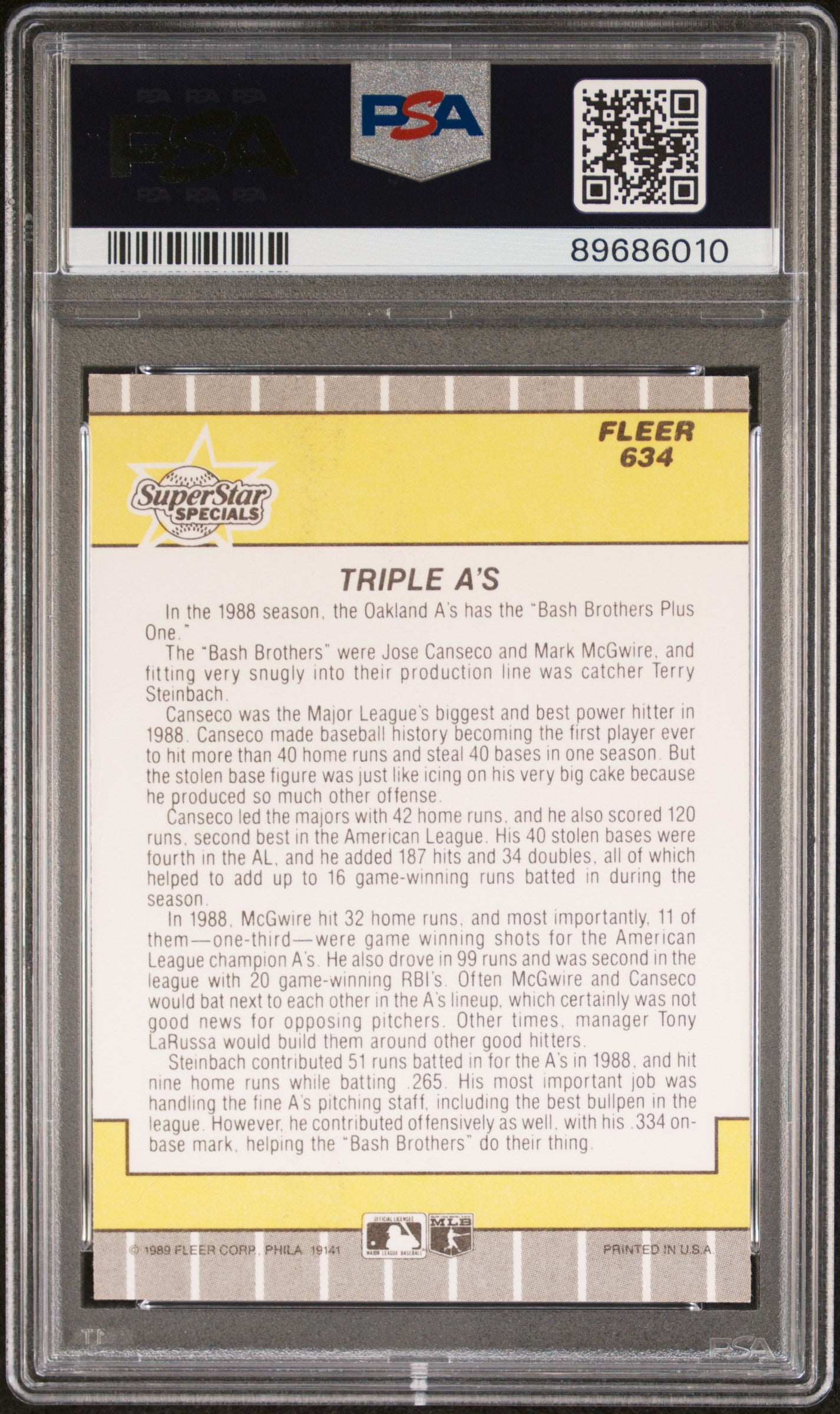 1989 Fleer Triple A's #634 Canseco Steinbach Mcgwire PSA 7