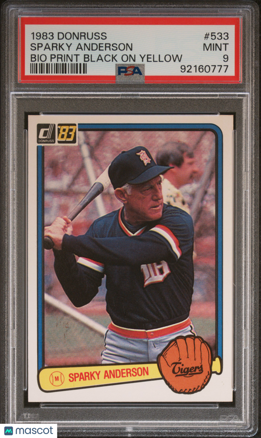 1983 Donruss Sparky Anderson #533 Bio Print Black Yellow PSA 9